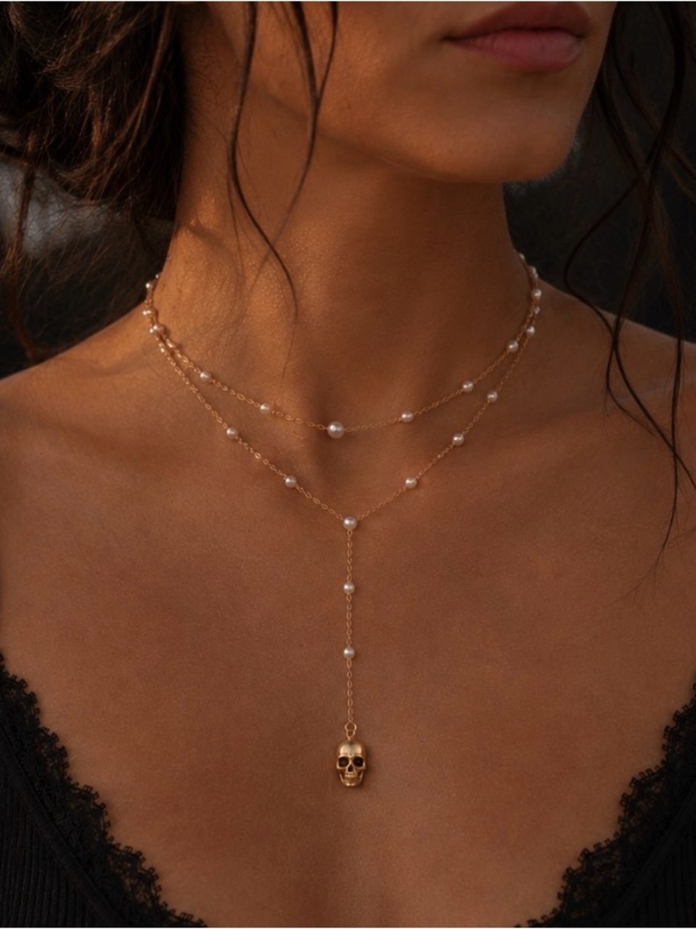 Gold genuine fresh water Pearl Layered Necklace with Skull Pendant